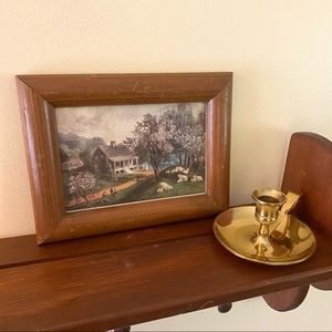 Vintage Home Decor Bundle Small Wooden Framed Print and Brass Candle Hol…